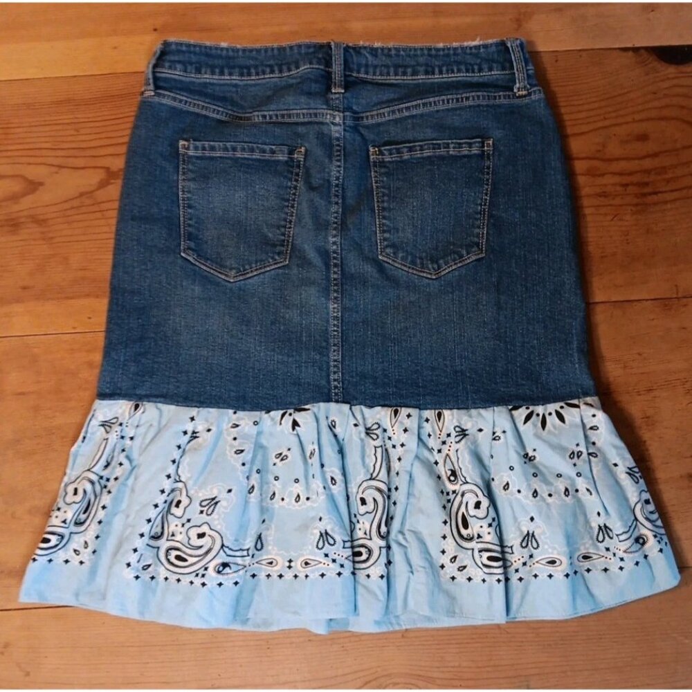 Upcycled Denim Skirt Juniors 11 Bandana Ruffle Western Frill Stretch Arizona - Picture 7 of 10